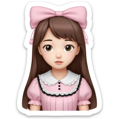 She has fair skin, is Korean, has long straight brown hair, slanted black eyes, with a very Kawaii baby pink lolita dress.  sticker