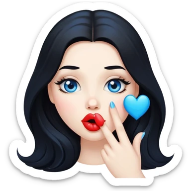 A cool pale girl with plump lips, long black hair, and blue eyes blows a kiss. sticker