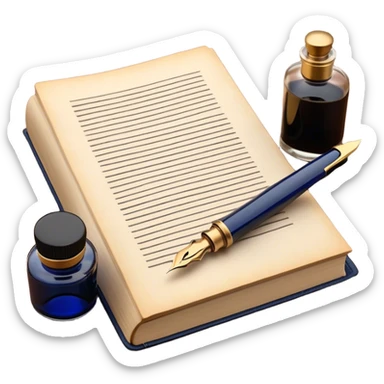 Create a vibrant emoji representing prose writing. The design should feature an open book with pages showing unfinished prose, a classic fountain pen or quill with black or dark blue ink, and an ink bottle (inkwell) next to it. The pages should have visible lines of text, but some should remain unfinished, symbolizing the creative process. Use warm, earthy tones like brown, gold, and cream for the book and background, with the ink and pen in black or dark blue. The emoji should convey the idea of storytelling, creativity, and the unfinished nature of literary work. Make the background transparent. sticker