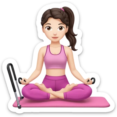 european white woman with dark wavy hair in ponytail using a pink set doing pilates sticker