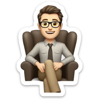 Joyful Celebrating victory Pale skinned Fit Man With dark brown hair in gray jacket, beige office shirt, Brown pants and vintage glasses sitting In a soft chair sticker
