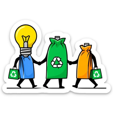 a lightbulb and a battery holding hands, each with recycling bags, walking to recycle sticker