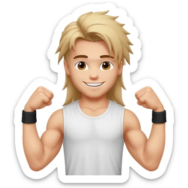 generate a pretty bratz boy with messy long mullet hair, sleeveless white tshirt, big biceps sticker