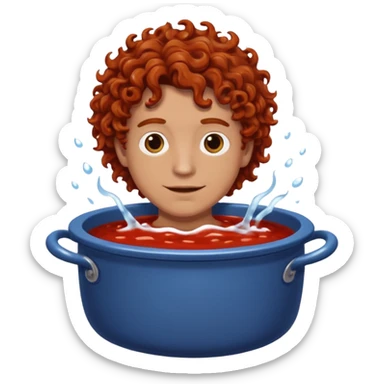 a white man with brown curly hair swimming in a pot of sauce sticker