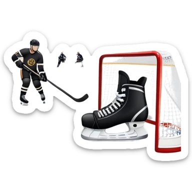 An icon showing a close-up of a hockey stick, puck, skates, and hockey net placed on the ice. The background features a packed stadium with bright lights, cheering fans, and snowy scenery outside. Transparent background highlights the key elements of the game. sticker