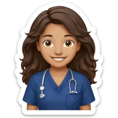 Long wavy dark brown hair with a navy blue scrub top smiling sticker