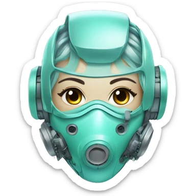 Pastel aqua hair female cyborg head with respirator mask and circuits sticker