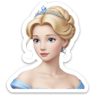 Cinematic Realistic Cinderella Portrait, depicted with lifelike skin texture, subtle rosy undertones, and soft natural lighting that enhances the gentle contours of her face. Her intricately detailed golden blonde hair is elegantly styled in an updo, with delicate wisps framing her face. Her deep, expressive blue eyes radiate warmth and sincerity, reflecting a quiet resilience and grace. She holds a glass slipper gently in one hand, her other hand resting gracefully at her side, emphasizing the timeless beauty of the moment. She is dressed in her iconic ball gown, the fabric shimmering with intricate embroidery and fine translucent layers that catch the light beautifully. The soft sheen of satin gloves adds a magical touch to her graceful pose. The portrait features an enchanting glow with a natural, luminous finish, seamlessly blending realism and fairytale charm to evoke a sense of depth, elegance, and timeless beauty. sticker