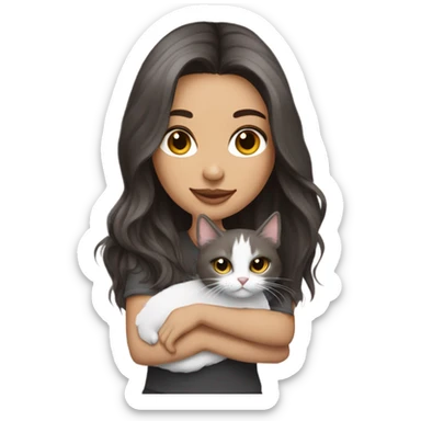 Beautiful dark brown haired tattooed woman holding gray and white long hair cat sticker