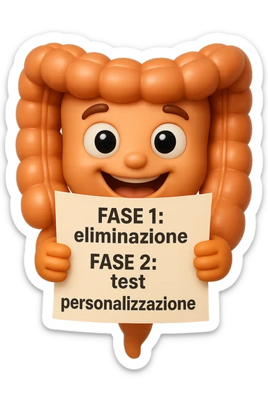 emoji stile iphone 3d di un intestino che tiene in mano un foglio con la scritta "FASE 1: eliminazione, FASE 2: test, FASE 3: personalizzazione, IPERREALISTICO 4K sticker