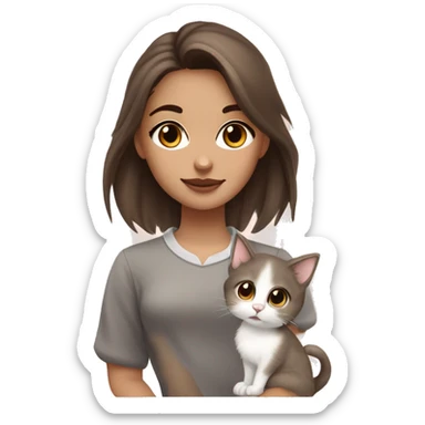 White girl with dark brown hair, light brown highlights, mole under left eye, big lower lip, slight blush, brown eyeshadow, cuddling a light gray kitten with paws up, collar saying “Lux.” sticker