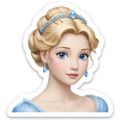 Cinematic Realistic Cinderella Portrait, depicted with lifelike skin texture, subtle rosy undertones, and soft natural lighting that enhances the gentle contours of her face. Her intricately detailed golden blonde hair is elegantly styled in an updo, with delicate wisps framing her face. Her deep, expressive blue eyes radiate warmth and sincerity, reflecting a quiet resilience and grace. She holds a glass slipper gently in one hand, her other hand resting gracefully at her side, emphasizing the timeless beauty of the moment. She is dressed in her iconic ball gown, the fabric shimmering with intricate embroidery and fine translucent layers that catch the light beautifully. The soft sheen of satin gloves adds a magical touch to her graceful pose. The portrait features an enchanting glow with a natural, luminous finish, seamlessly blending realism and fairytale charm to evoke a sense of depth, elegance, and timeless beauty. sticker