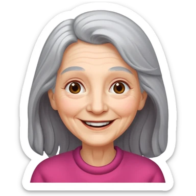 an elderly woman with long, grey hair and a smiling face sticker