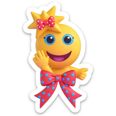 3D smiley emoji, large eyelashes, red polka dot bow, holding a star with one hand, waving with the other, joyful, blue eyes, cute style sticker