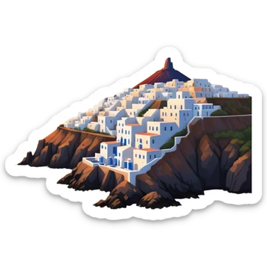 Cinematic Realistic Santorini Caldera Landmark Emoji, featuring white-washed buildings perched on volcanic cliffs, overlooking the deep blue Aegean Sea, with warm sunset hues illuminating the sky and reflecting off the water. sticker