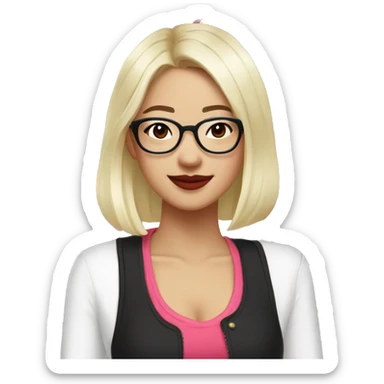 Asian girl, smiling with teeth, fair skin, black long hair, black eyes, black glasses with gold frames, red lipstick, wearing a white lace tank top and a black office jacket on top, with pink and red roses around her sticker