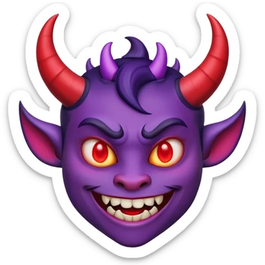 "Smiling face with horns devil emoji, purple skin, curved black horns, mischievous grin with fangs, pointed eyebrows, glowing red eyes, simple white background, cartoon emoji style, high detail, vibrant colors, isolated sticker