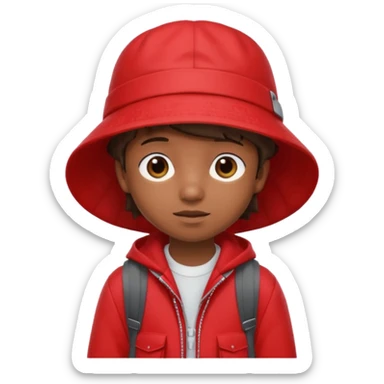 Little student brown wears red bucket hat and jacket, backpack, shy sticker