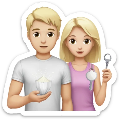 Blonde guy holding a plastic bag of white powder and blonde girl holding a key sticker