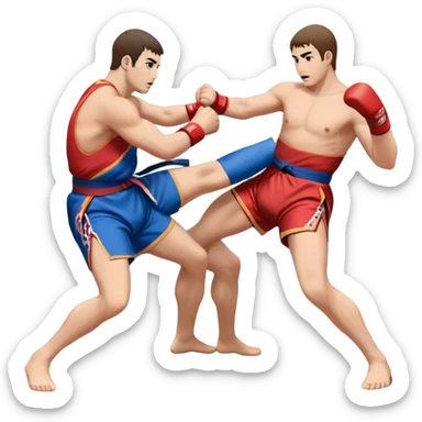 An icon symbolizing Sambo, featuring two fighters in blue and red kimonos with shorts. One executes a powerful throw, while the other attempts a defensive grab. The fighters are engaged in a grapple, using joint locks and sweeps. The background features a wrestling mat/ sticker