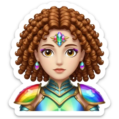 nude woman short curly brown mullet brown eyes white skin wearing crystal rainbow beetle armor sticker
