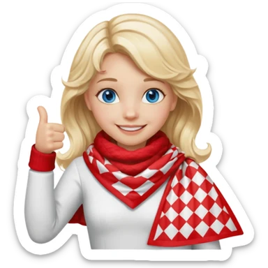 Blonde Girl, Blue Eyes, wavy hair, smiling, thumbs up, wearing red Checkered Triangle scarf, white dress sticker