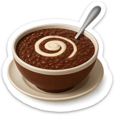 Make the champorado look like chocolate mixed with congee, with visible rice grains in a thick, glossy chocolate porridge, realistic texture, appetizing and true-to-life, keep the background transparent. Realistic and detailed food texture. sticker