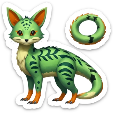  Japanese oriental asian painted Greenish beautiful handsome gorgeous aesthetic colorful vibrant Vernid-Trico-species-Fakemon-creature by LiLaiRa, 4 legs, 1 tail, random markings, (full body) sticker