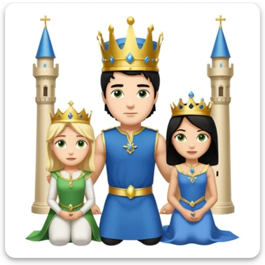Man as king, standing, black Hair, blue eyes, female Servoamt, blonde, green eyes, shott white sleveless Dress, kneeling, background palace sticker