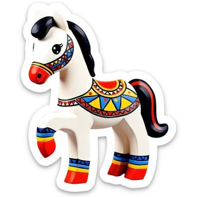 Dymkovo toy horse, traditional Russian clay figurine with colorful geometric patterns, white base with red, blue and yellow decorations sticker