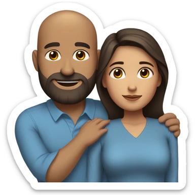 Comforting hug from brunette Puerto Rican with dark brown eyes wearing a cute blue blouse to short, bald man with brown eyes and a beard sticker