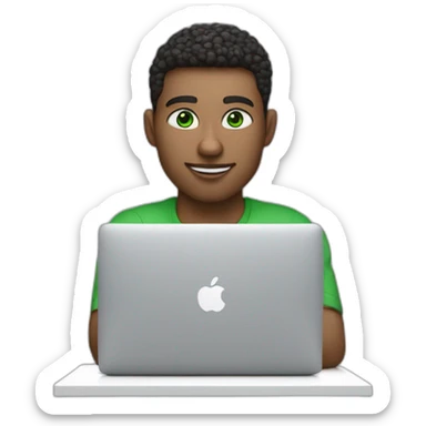 White Software engineer with green eyes coding on a macbook with AirPods sticker