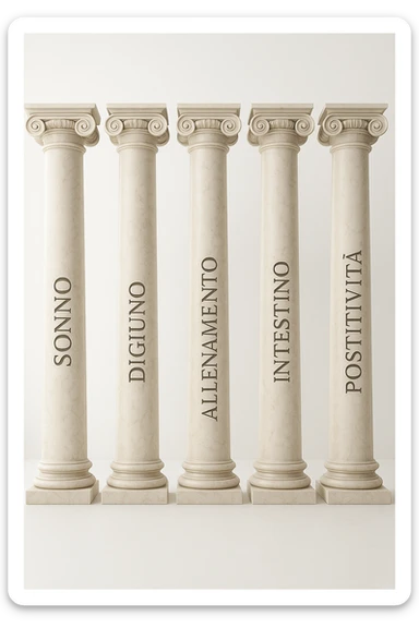 5 pilastri con le scritte "SONNO", "DIGIUNO", "ALLENAMENTO", "INTESTINO", "POSITIVITà" IMMAGINE IPERREALISTICA SFONDO CHIARO IN ITALIANO sticker
