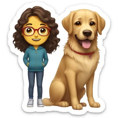 Smiling girl with long dark wavy brown hair and red glasses next to a small shaggy golden Labrador dog with brown eyes sticker