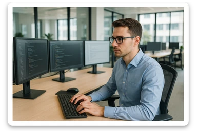 IT specialist working at a computer in a modern office, professional, clear details sticker