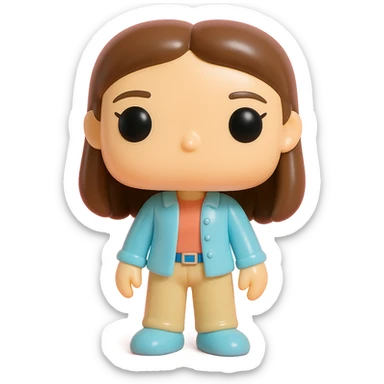 Funko Pop figurine of Liz Parker from the TV series Roswell, 3D style, large head, big black eyes, casual 90s outfit, brown hair, friendly expression sticker
