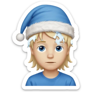 create boy blonde hair long messy, light eyes, white t shirt, rich, long hair, eyes blue, acessory head cristimas blue hat sticker
