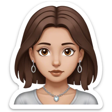 Girl with medium length brown hair, brown eyes, and silver septum piercing, silver earrings, and silver necklace sticker