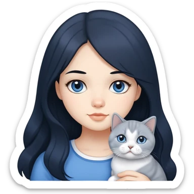 A girl with long black hair is holding a blue and white British shorthair sticker
