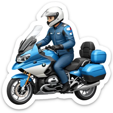 blue BMW R 1200 RT touring motorcycle with rider on road sticker