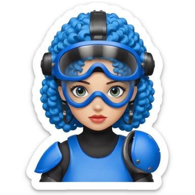 blue curly girl with huge earringswearing paintball with red paintball helmet with eye protection, only face  sticker