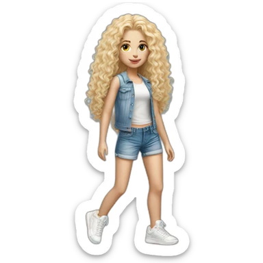 ultrarealist white long curly blonde hair girl with tight jean short shorts and sneakers sticker
