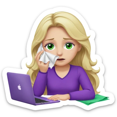 lady with long wavy blonde hair, purple top, green eyes, at desk with hand holding tissue to her eye and crying, with a purple mac laptop  sticker