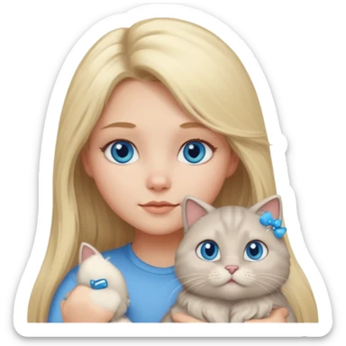 blonde girl with long blonde hair and blue eyes with chubby gray cat sticker