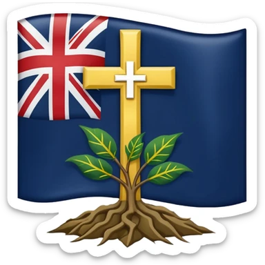 a flag with a Navy blue background with a white cross in the center, roots coming down from the bottom of the cross, a green leaf in the top right corner of the flag, and a slightly dark yellow star rising from behind the cross. sticker