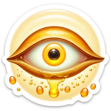 Glowing liver, bright egg yolks, and cod liver oil floating around an ethereal eye that emits golden light. The foods radiate warm amber rays representing vitamin A (retinol) content and its benefits for vision and skin health. sticker