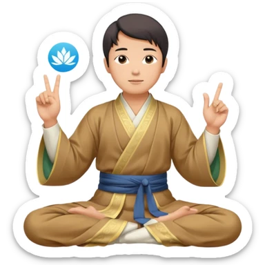 asian man in hanfu closing sitting in lotus pose, pointing one finger to sky as wisdom gesture sticker