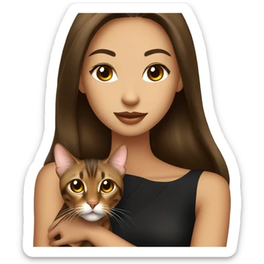 Beautiful skinny woman long dark brown hair in dark dress with gold earrings hug bengal cat sticker