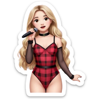 Sabrina carpenter singing at concert wearing a black and red plaid bodysuit  with red sheer top over it with huge crowd and light pink stage setting  sticker