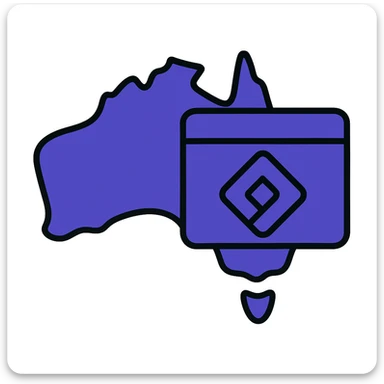 Map of Australia with the official Microsoft Power Pages icon overlay, no digital web overlay, use #403DAD as the main color, clean and modern, no text sticker